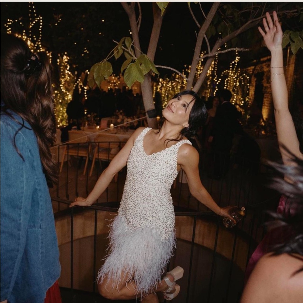 Ivory Beaded Feather Hem Cocktail Dress - Picture 2 of 3